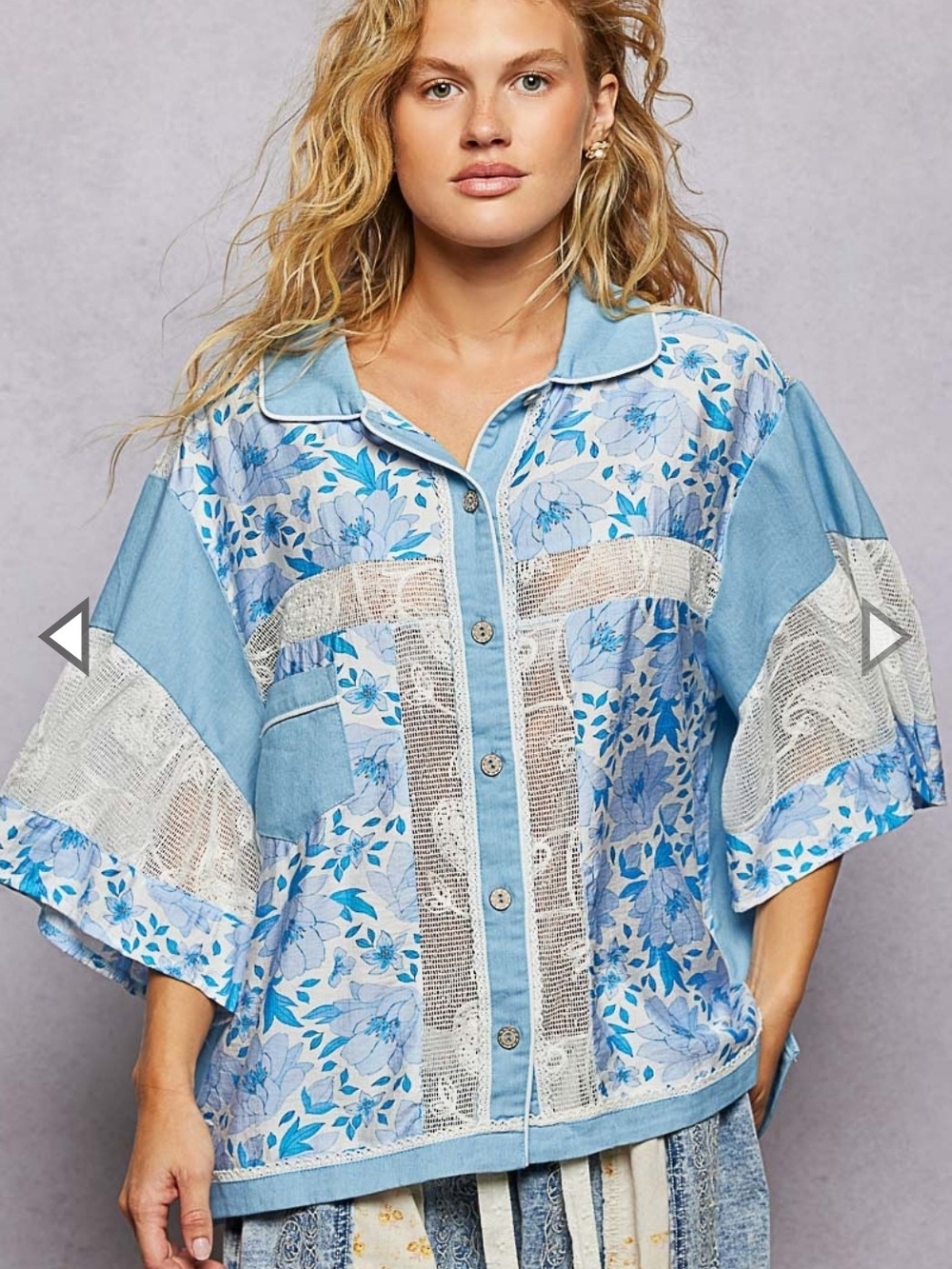 NEW!!!Boho Floral Button-Front Blue Patchwork Top, NWT